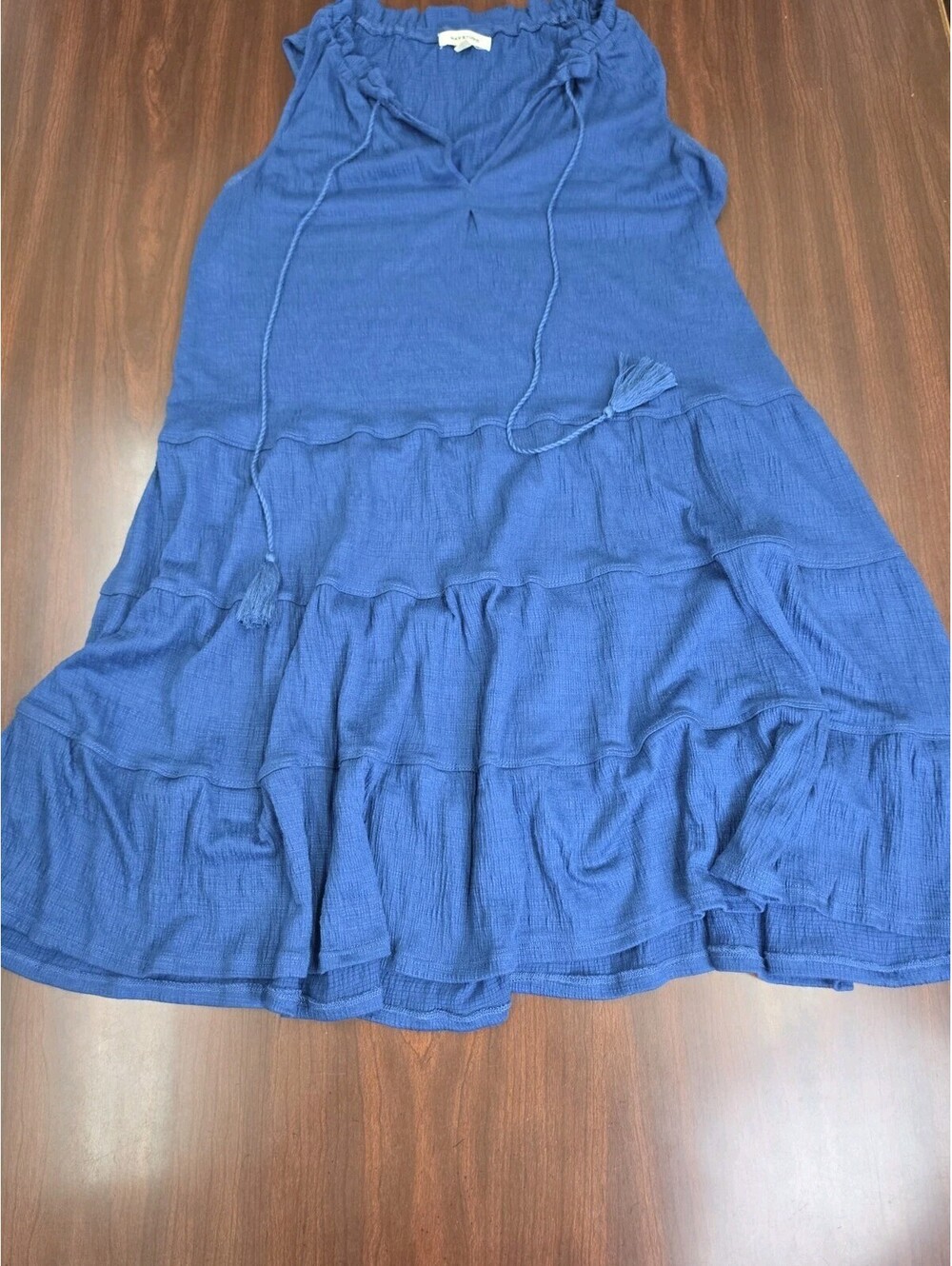 Max Studio Blue Tiered Dress Medium Sleeveless Gauze Tassel Beach Mini Boho Chic